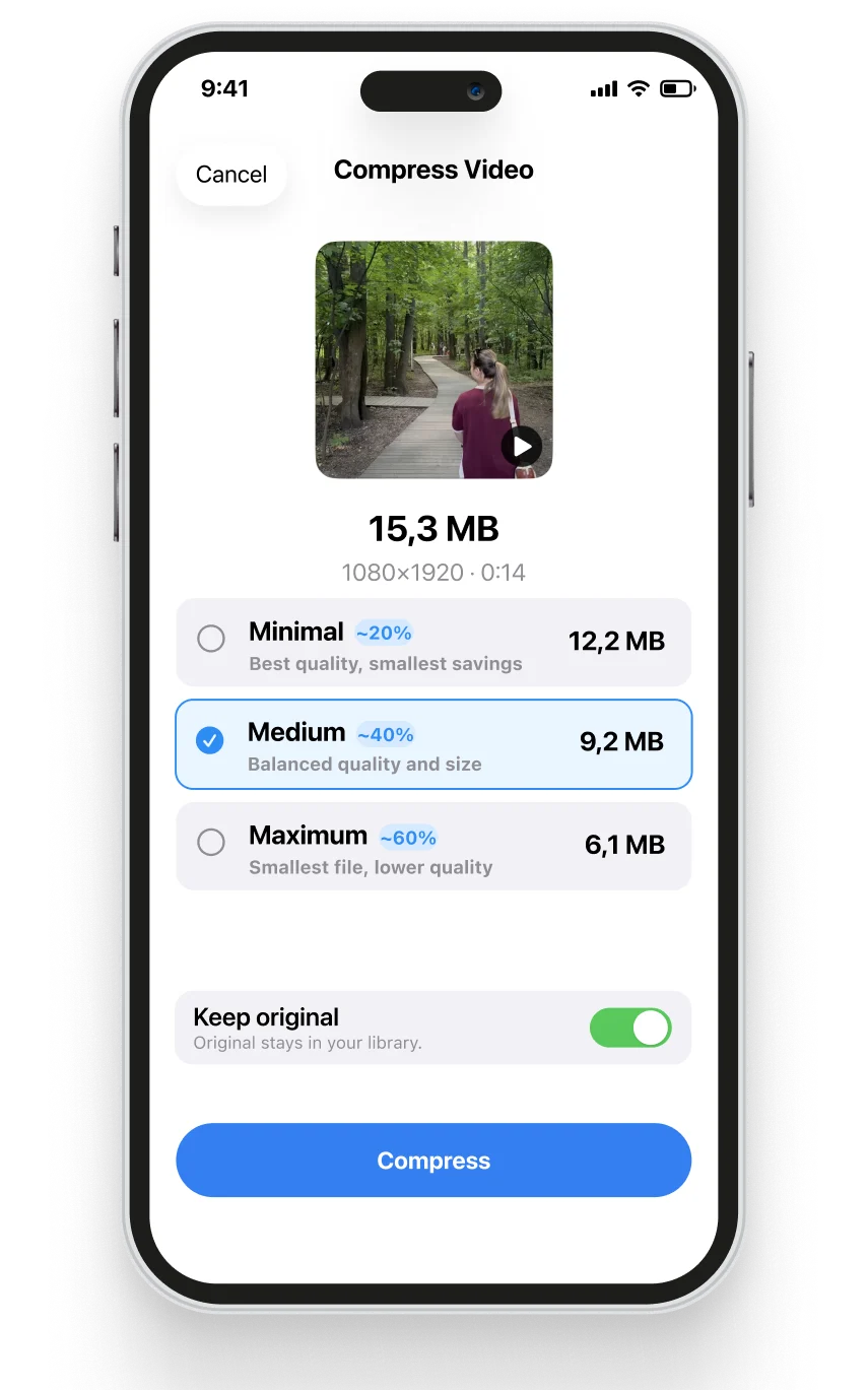 Cleanzly Compress Video screen with Minimal, Medium and Maximum quality options and a Compress button