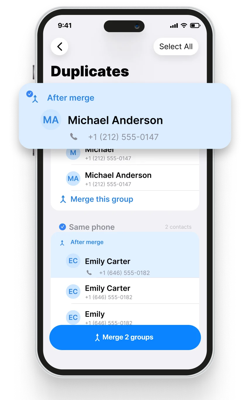 Cleanzly Duplicates screen showing contact groups with an After merge preview and a Merge 2 groups button