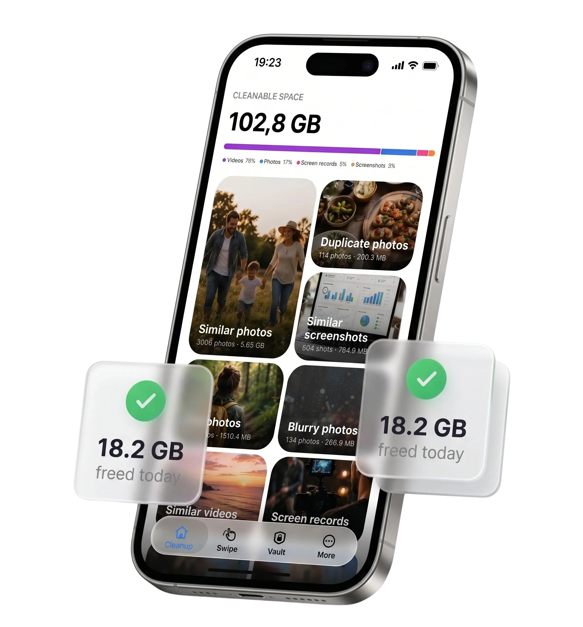 Cleanzly home screen showing 102.8 GB of cleanable space with a segmented storage bar and category tiles