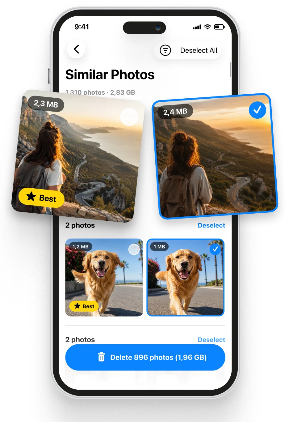 Cleanzly Similar Photos screen grouping look-alike shots with the sharpest one marked Best