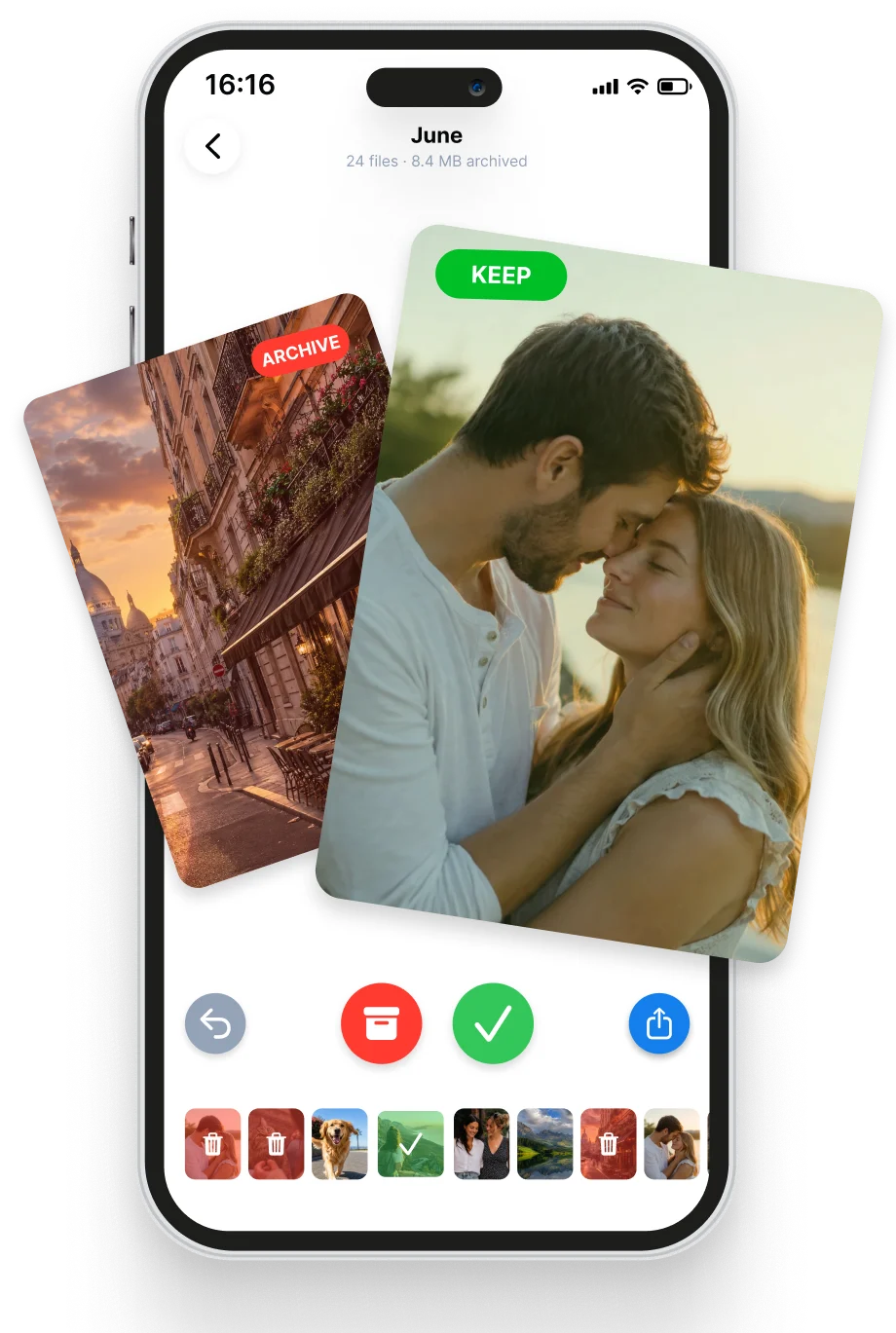 Cleanzly swipe review screen with Keep and Archive photo cards and undo, archive, keep and share controls