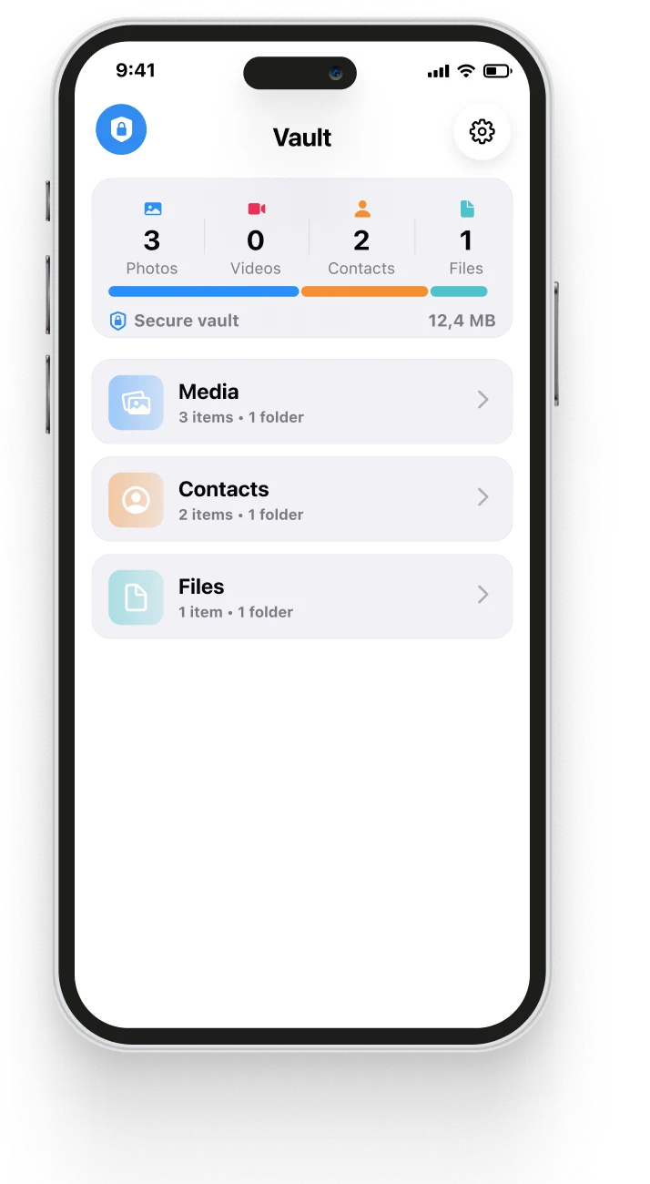 Cleanzly secure Vault screen with photos, videos, contacts and files stored in an encrypted vault